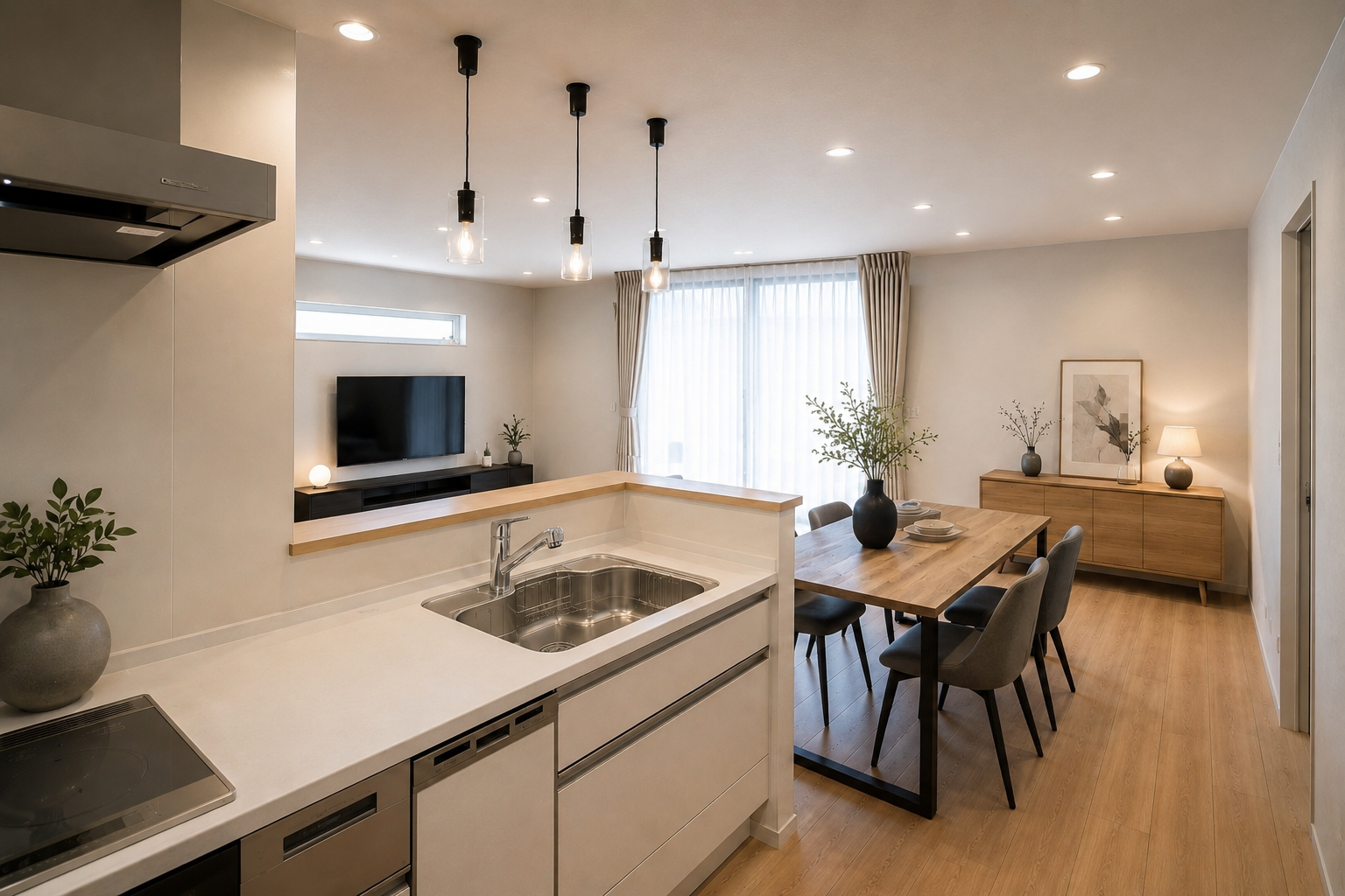 グレーの美しいボックスフォルムと木目の温もりが調和する、平屋の暮らし