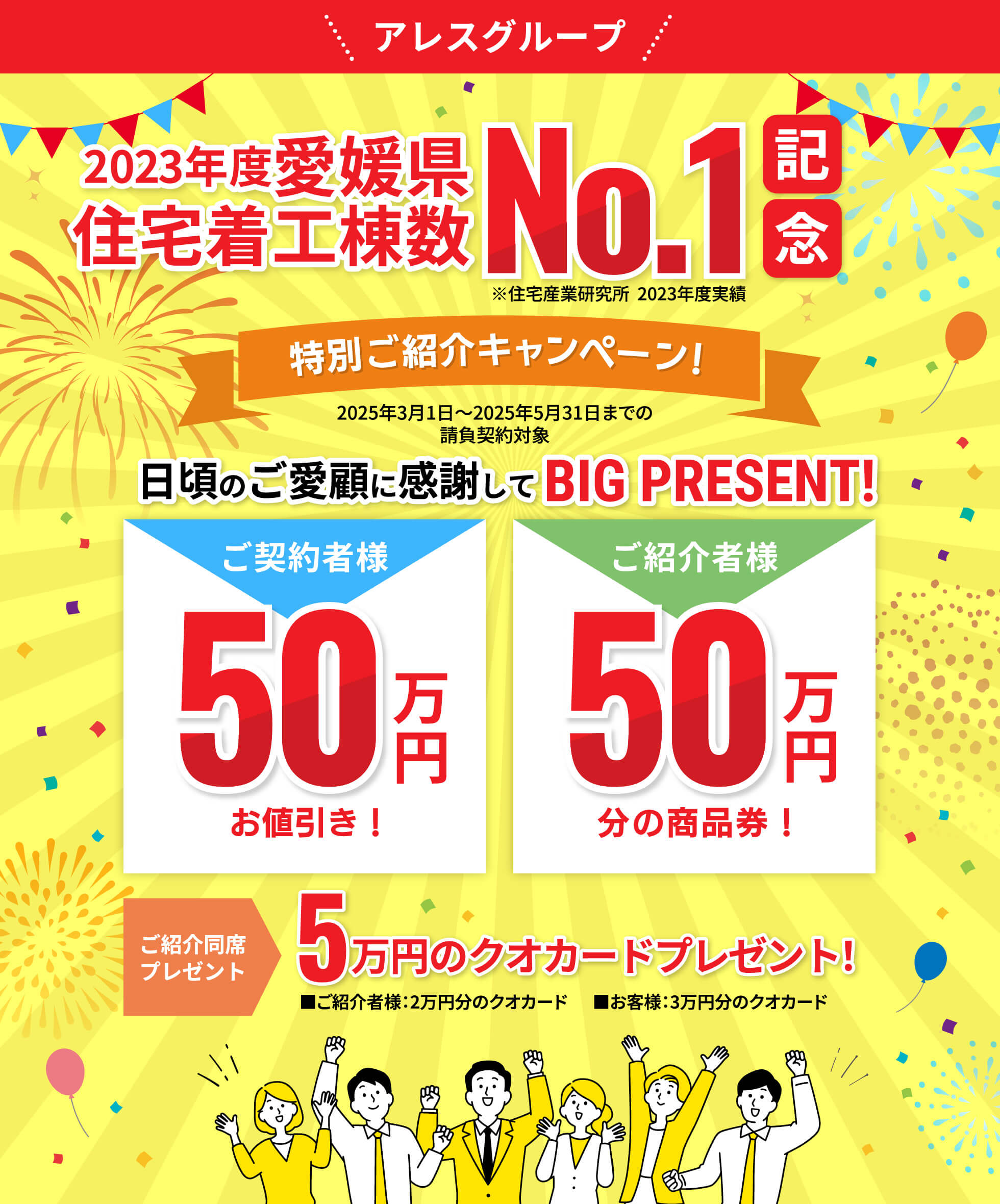 アレスグループ 愛媛県住宅着工棟数No.1記念 特別ご紹介キャンペーン!※住宅産業研究所 2023年度実績 2025年3月1日~2025年5月31日までの請負契約対象 日頃のご愛顧に感謝してBIG PRESENT!ご契約者様50万円お値引き!お施主様50万円紹介お礼金!※着工時にお振込させていただきます。ご紹介同席プレゼント 5万円のクオカードプレゼント!■ご紹介者様:2万円分のクオカード ■お客様:3万円分のクオカード